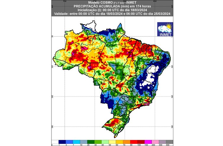 Previsão de chuva para 1ª semana (18 a 25/03/2024). Foto: INMET